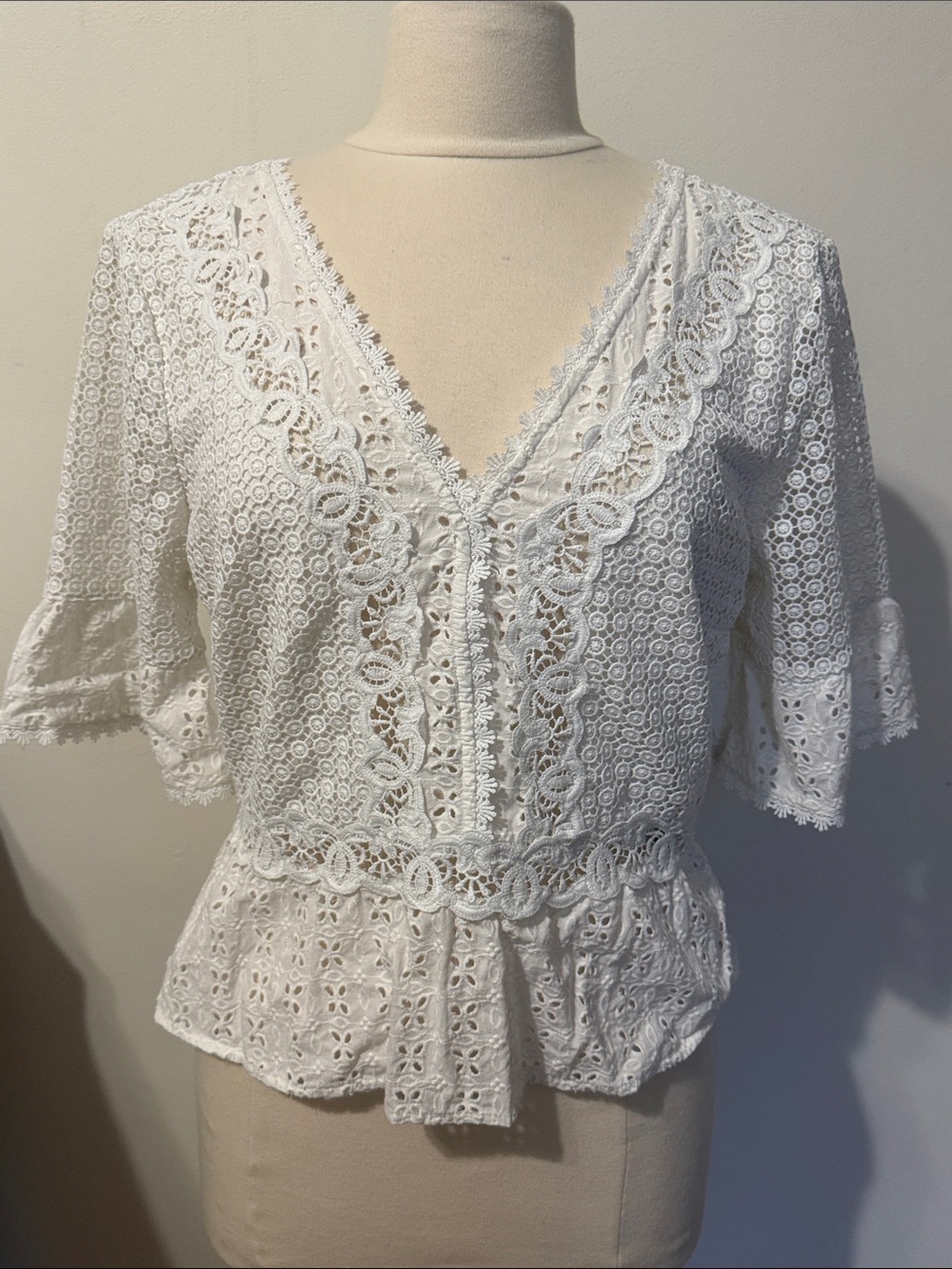 Abercrombie & Fitch White Lace V-Neck Peplum Blouse
